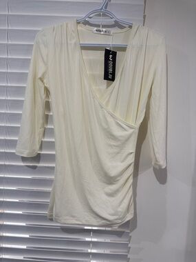 Doublju Ivory Wrap-Front V-Neck 3/4 Sleeve Top